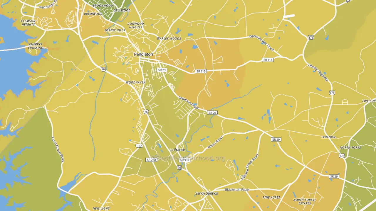 Map of the best neighborhoods in the La France area, with better matches in green and worse matches in red