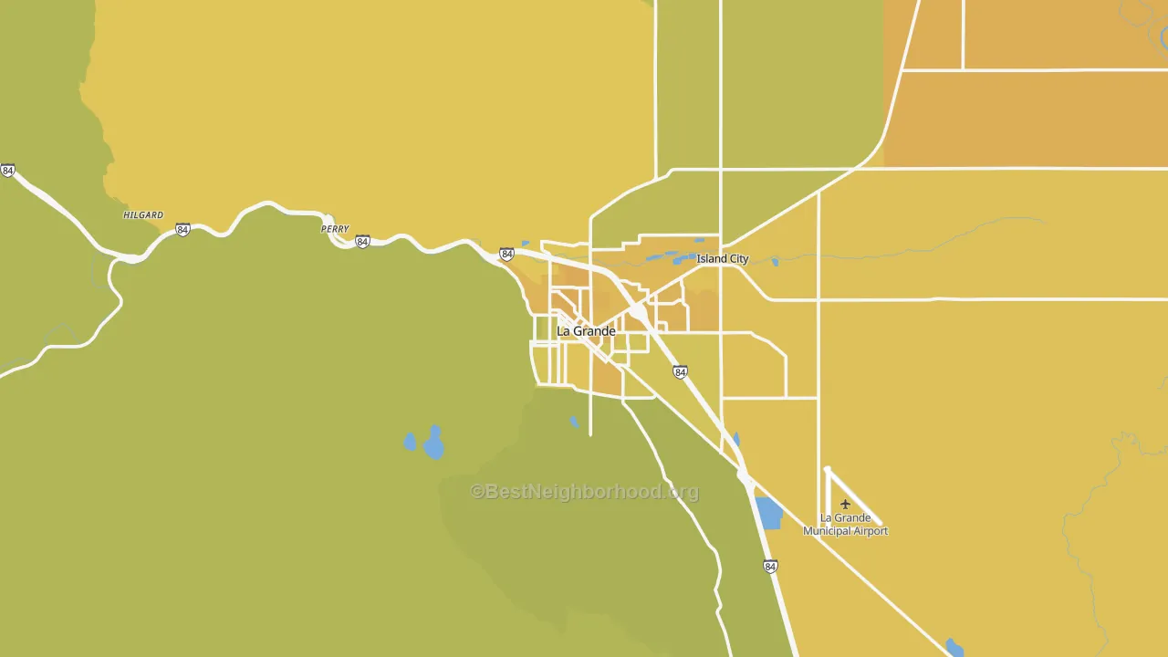 Map of the best neighborhoods in the La Grande area, with better matches in green and worse matches in red