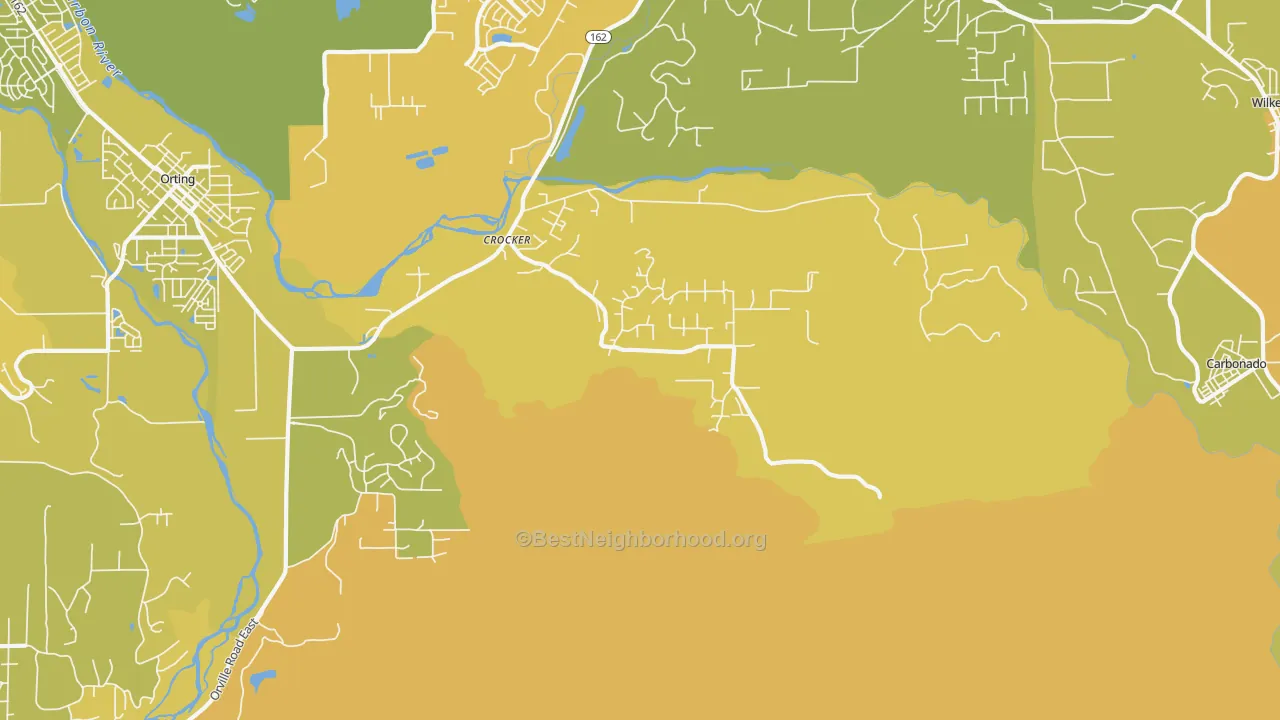 Map of the best neighborhoods in the La Grande area, with better matches in green and worse matches in red