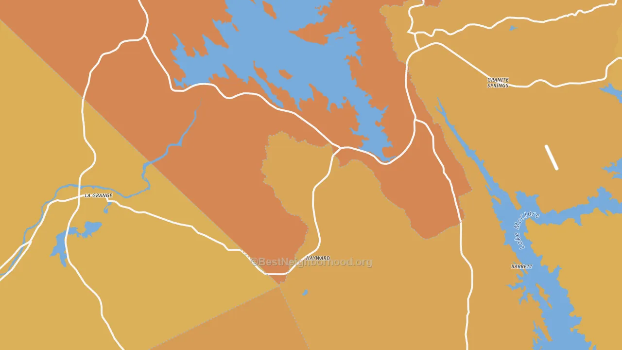 Map of the best neighborhoods in the La Grange area, with better matches in green and worse matches in red