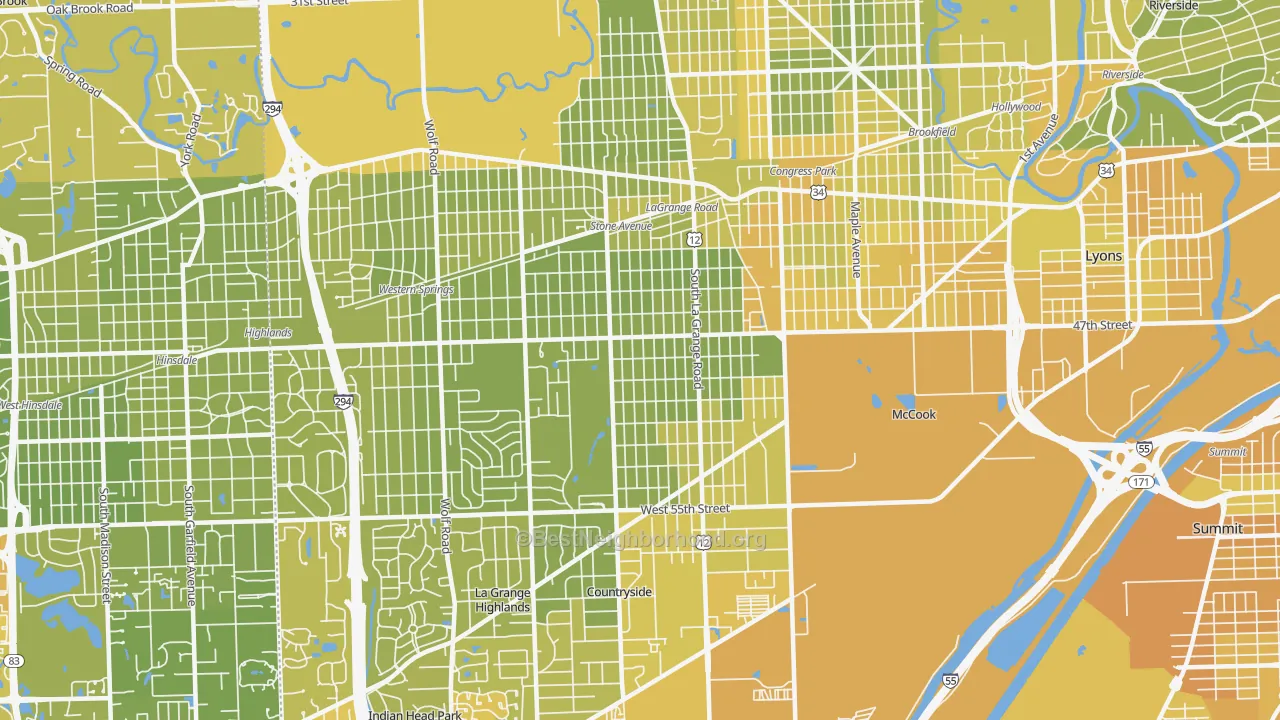 Map of the best neighborhoods in the La Grange area, with better matches in green and worse matches in red