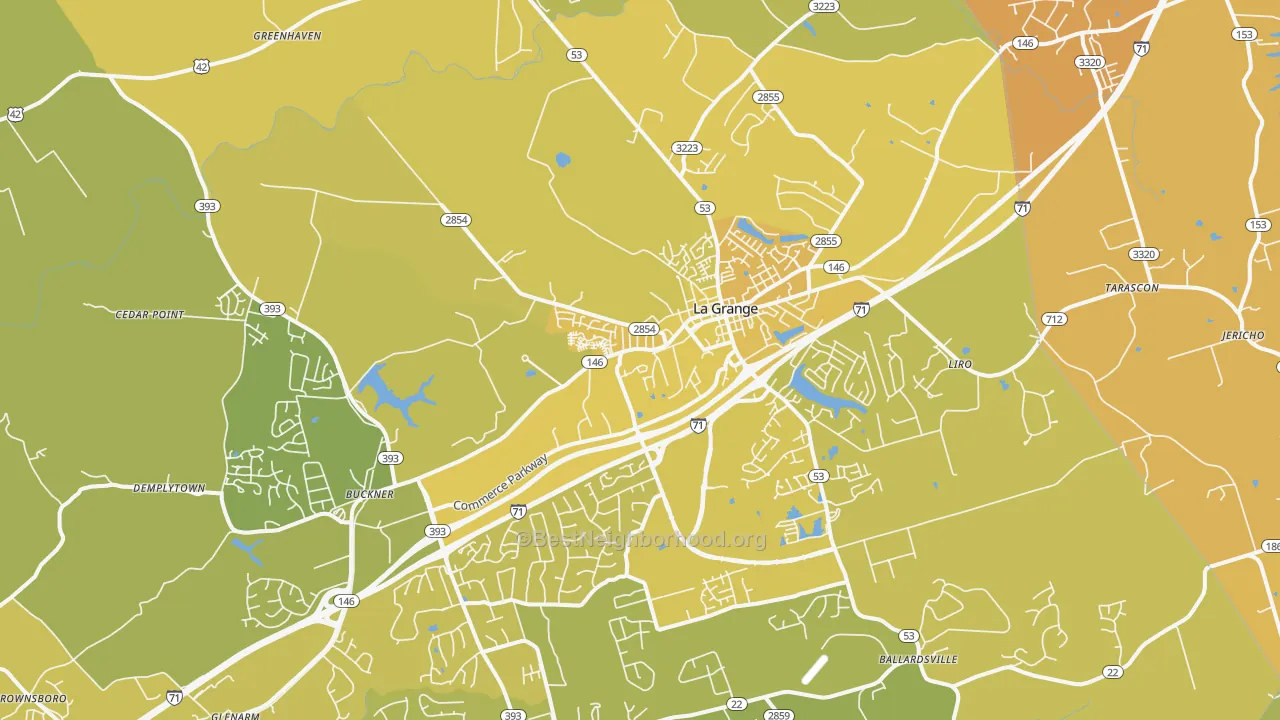 Map of the best neighborhoods in the La Grange area, with better matches in green and worse matches in red