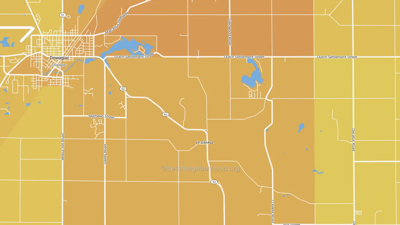 Map of the best neighborhoods in the La Grange area, with better matches in green and worse matches in red