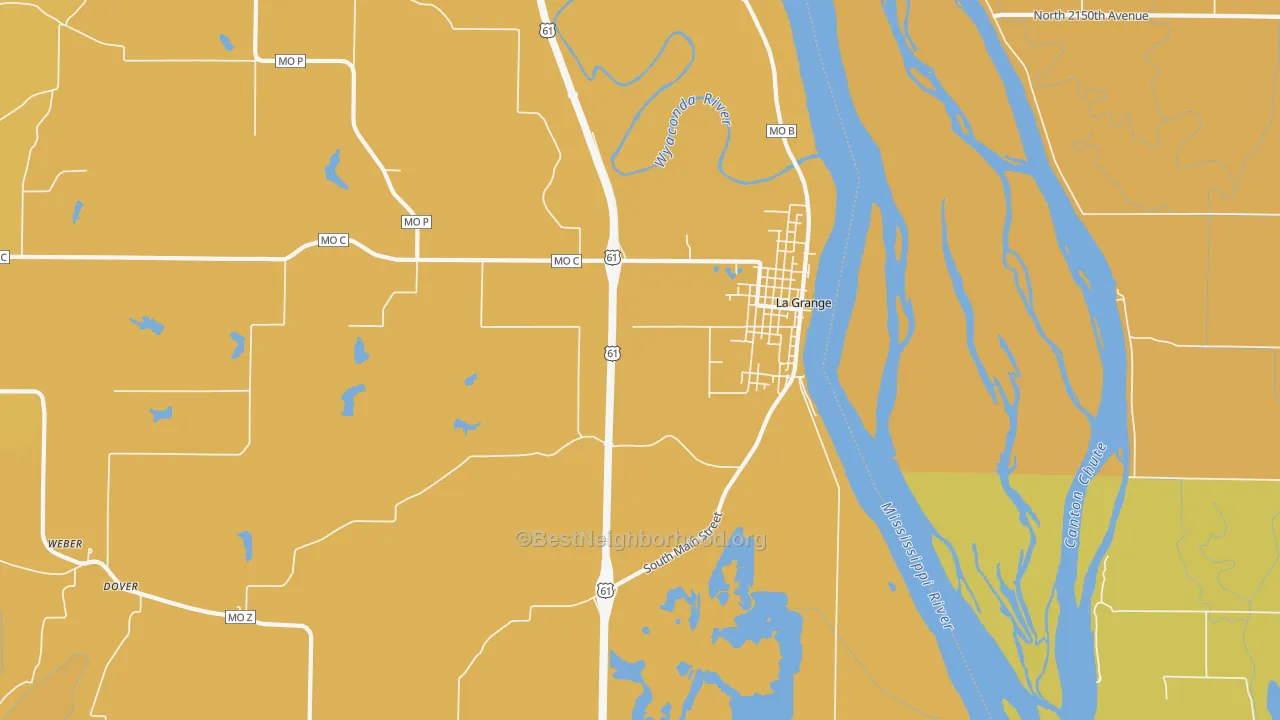 Map of the best neighborhoods in the La Grange area, with better matches in green and worse matches in red
