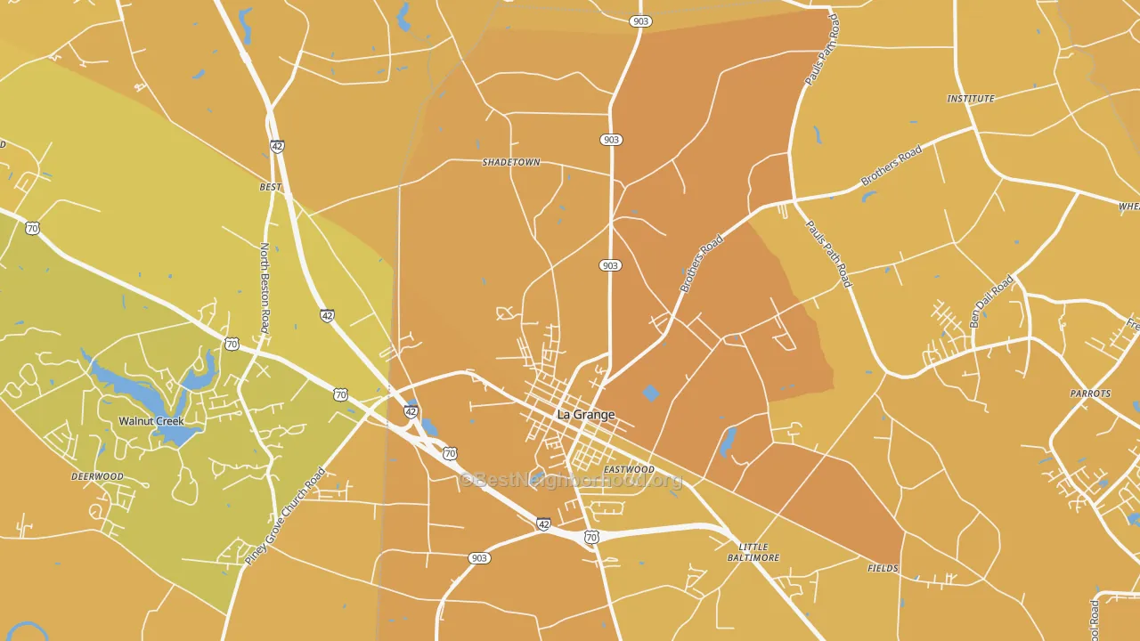Map of the best neighborhoods in the La Grange area, with better matches in green and worse matches in red