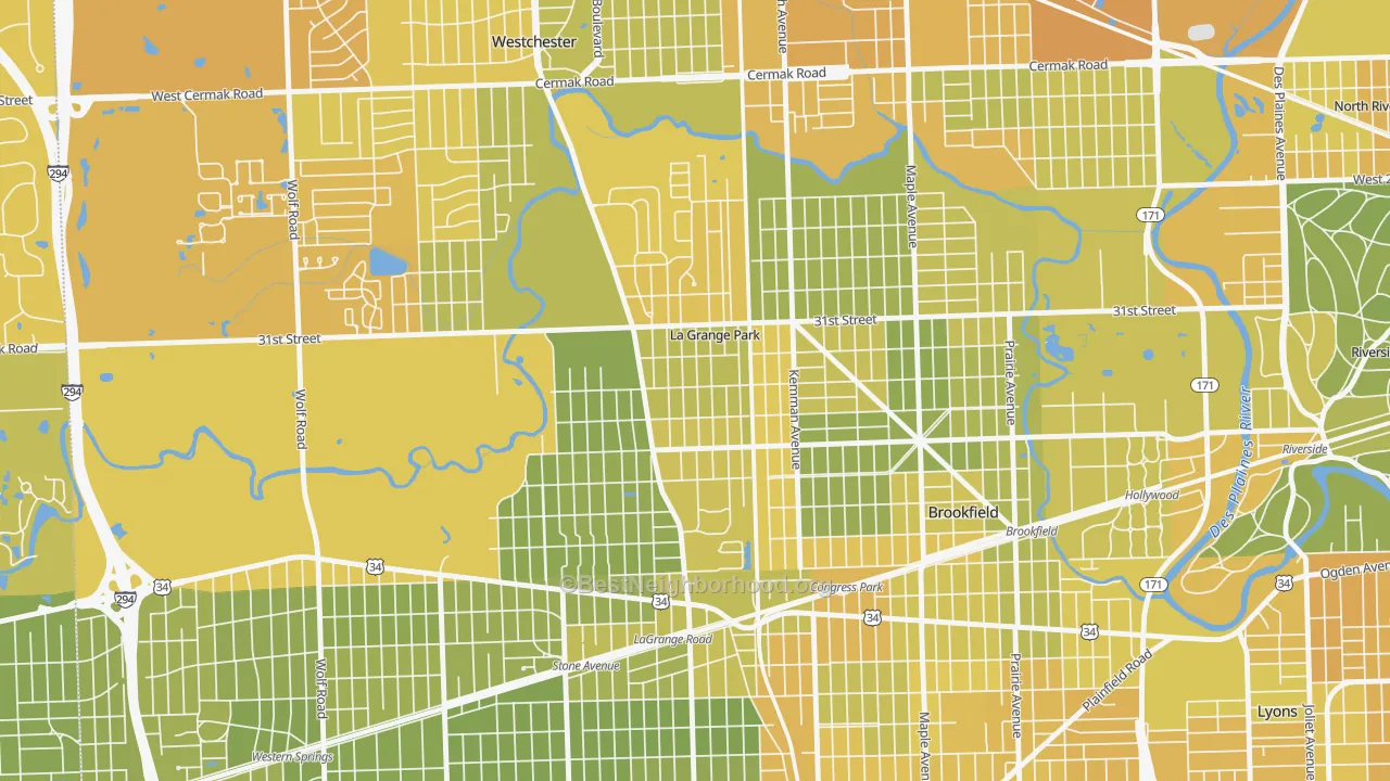 Map of the best neighborhoods in the La Grange Park area, with better matches in green and worse matches in red