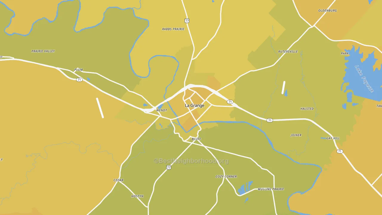 Map of the best neighborhoods in the La Grange area, with better matches in green and worse matches in red