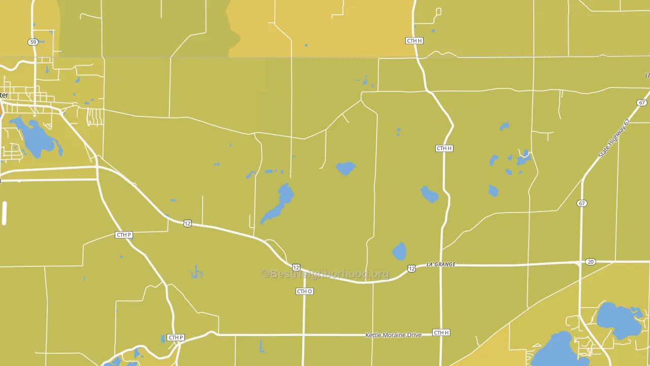 Map of the best neighborhoods in the La Grange area, with better matches in green and worse matches in red