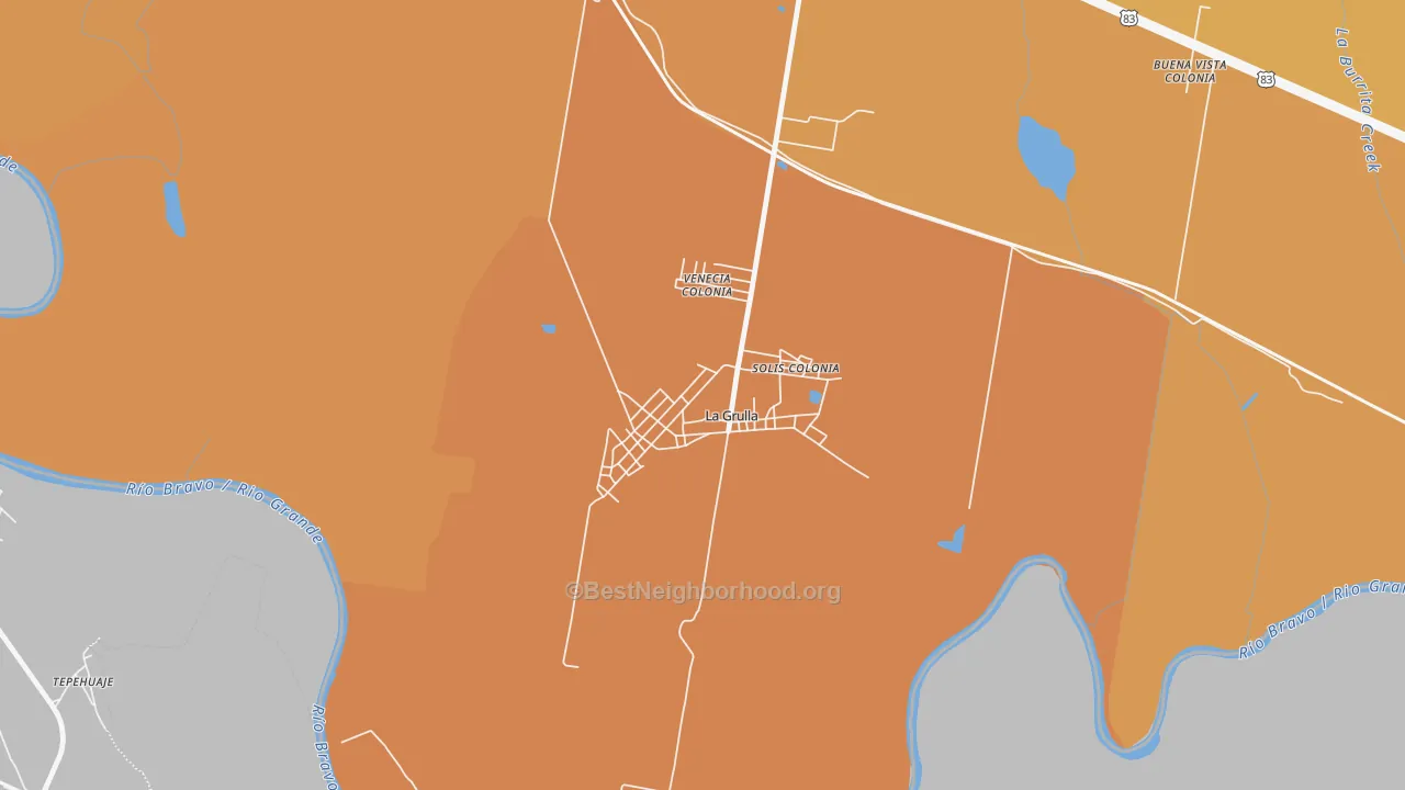 Map of the best neighborhoods in the La Grulla area, with better matches in green and worse matches in red