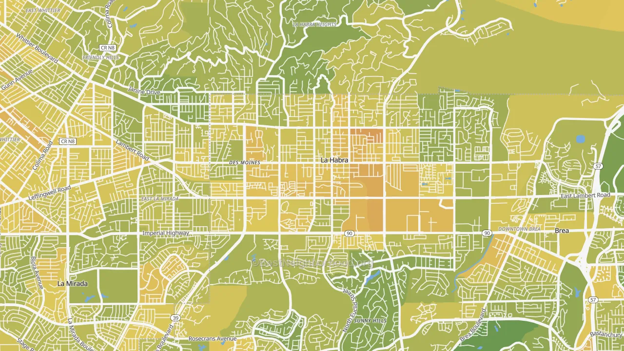 Map of the best neighborhoods in the La Habra area, with better matches in green and worse matches in red