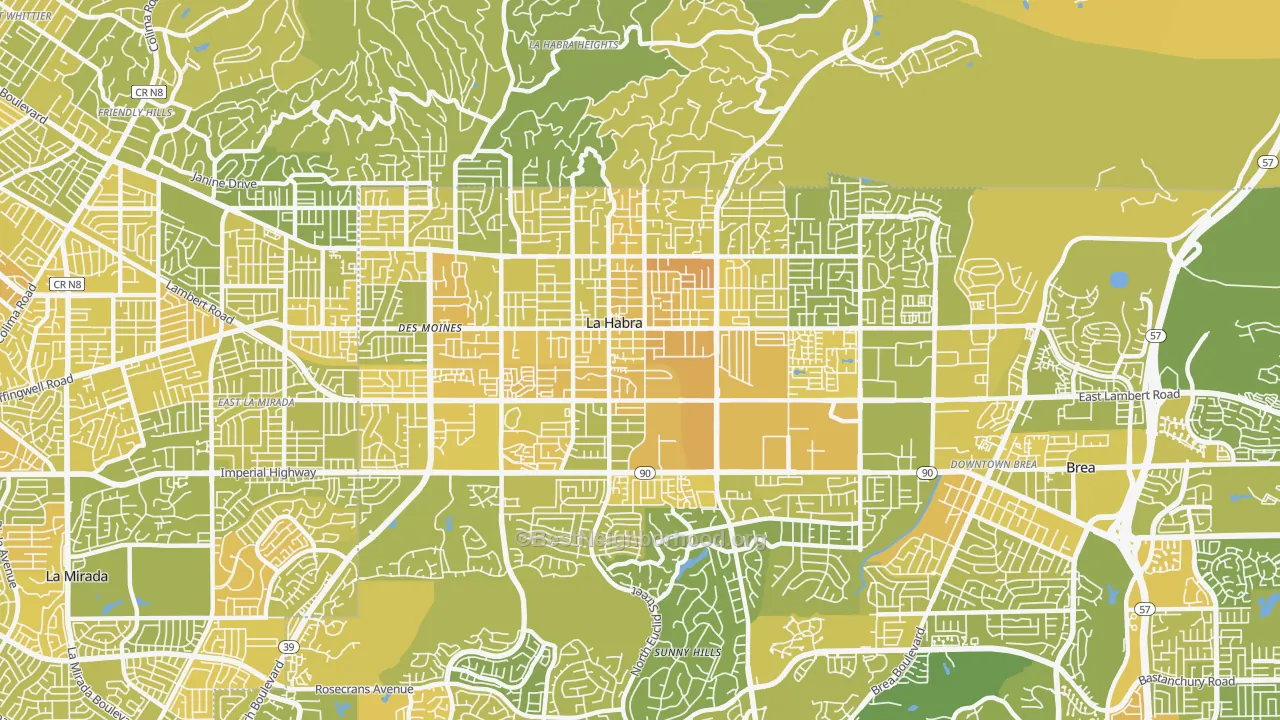 Map of the best neighborhoods in the La Habra City, La Habra area, with better matches in green and worse matches in red