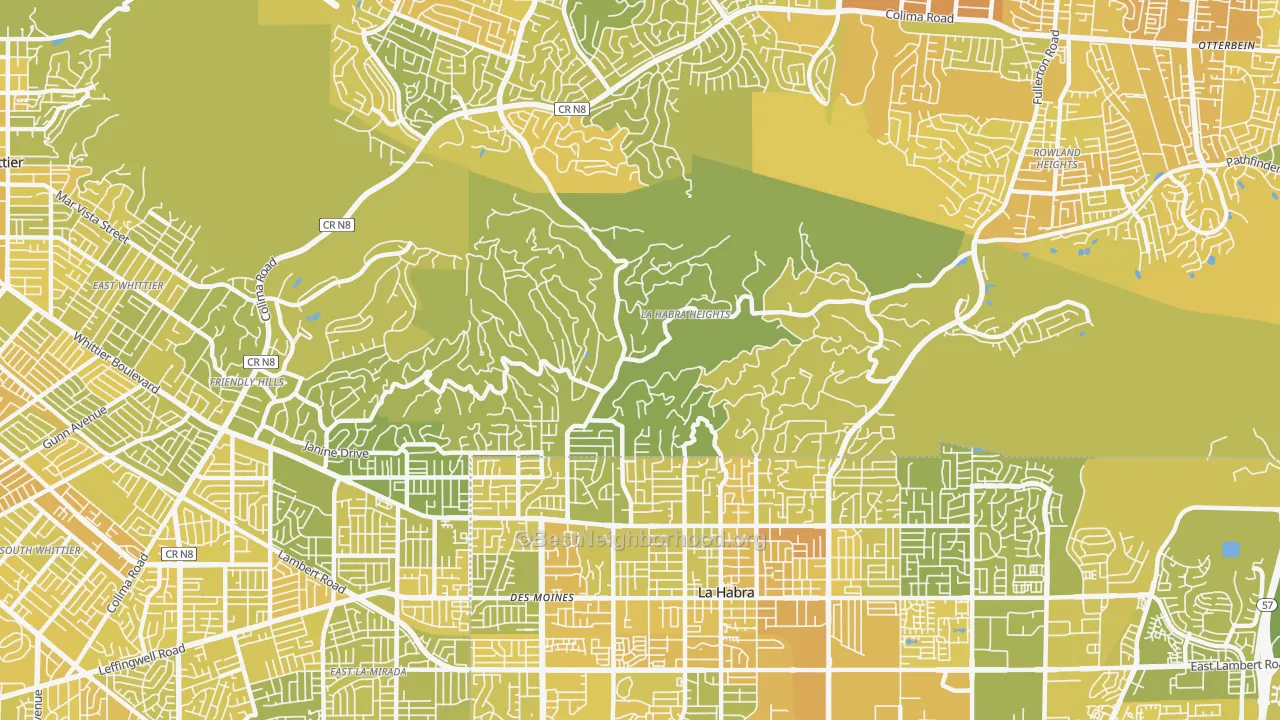 Map of the best neighborhoods in the La Habra Heights area, with better matches in green and worse matches in red