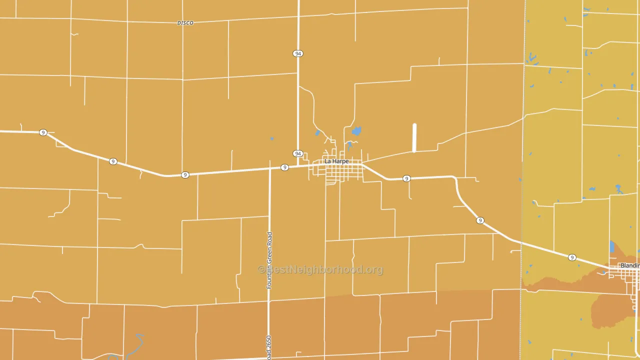 Map of the best neighborhoods in the La Harpe area, with better matches in green and worse matches in red