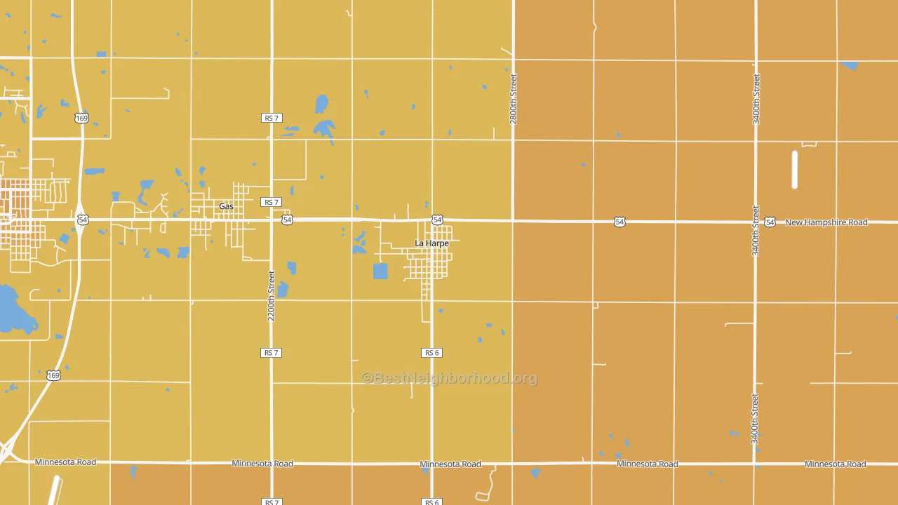 Map of the best neighborhoods in the La Harpe area, with better matches in green and worse matches in red