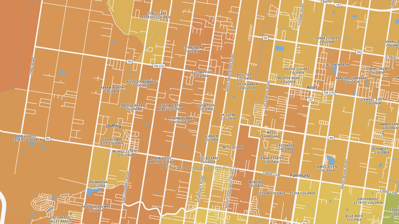 Map of the best neighborhoods in the La Homa, Mission area, with better matches in green and worse matches in red