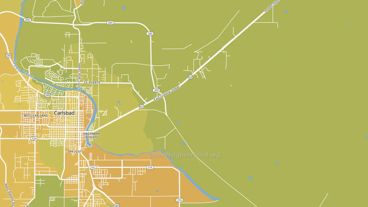 Map of the best neighborhoods in the La Huerta area, with better matches in green and worse matches in red