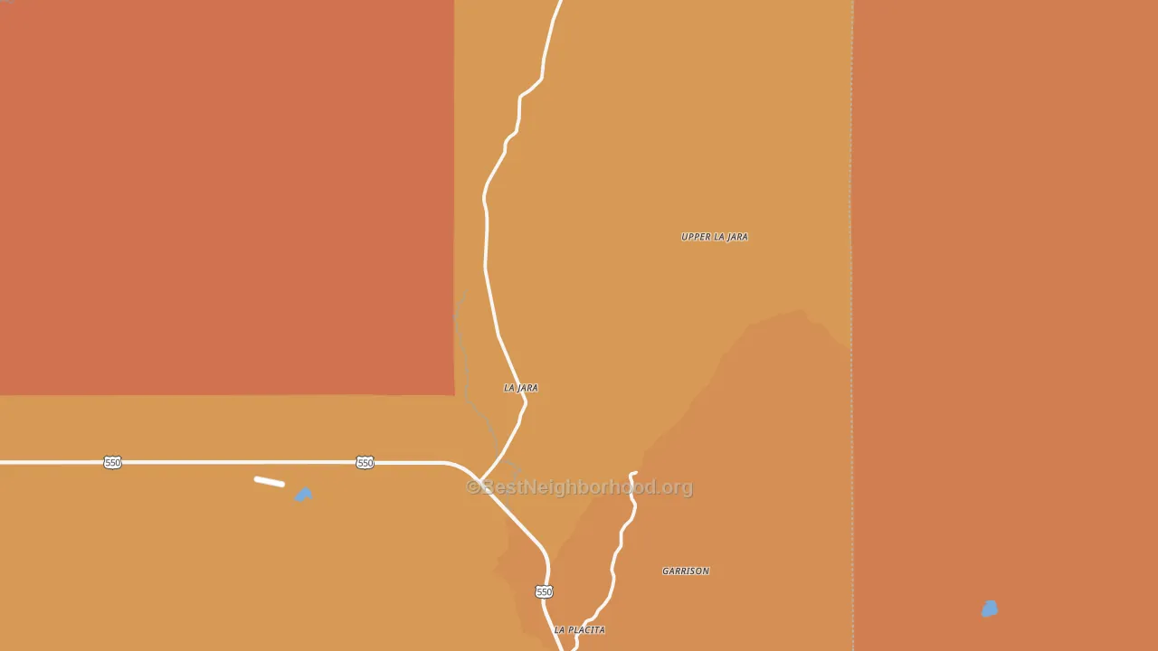 Map of the best neighborhoods in the La Jara area, with better matches in green and worse matches in red