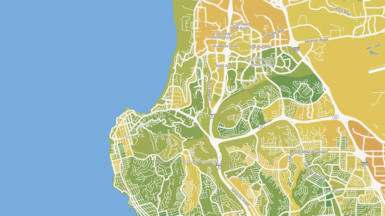 Map of the best neighborhoods in the La Jolla area, with better matches in green and worse matches in red