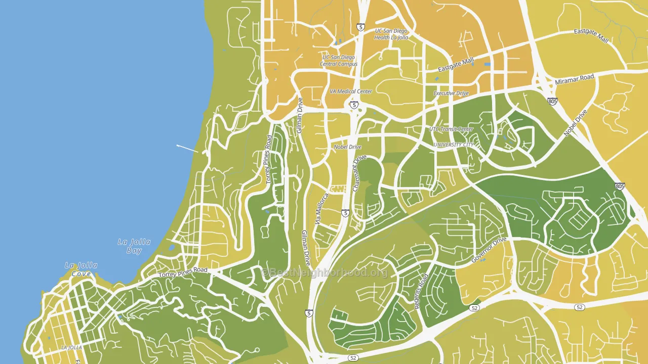 Map of the best neighborhoods in the La Jolla Village, La Jolla area, with better matches in green and worse matches in red