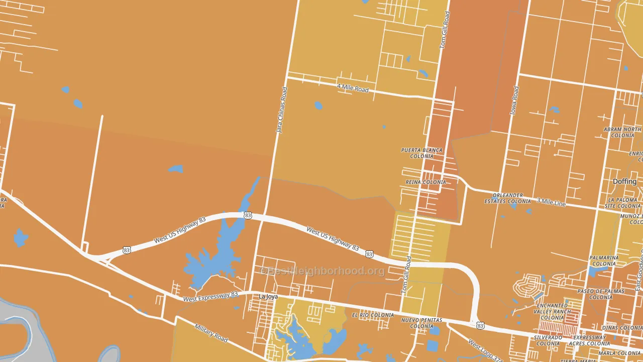 Map of the best neighborhoods in the La Joya area, with better matches in green and worse matches in red