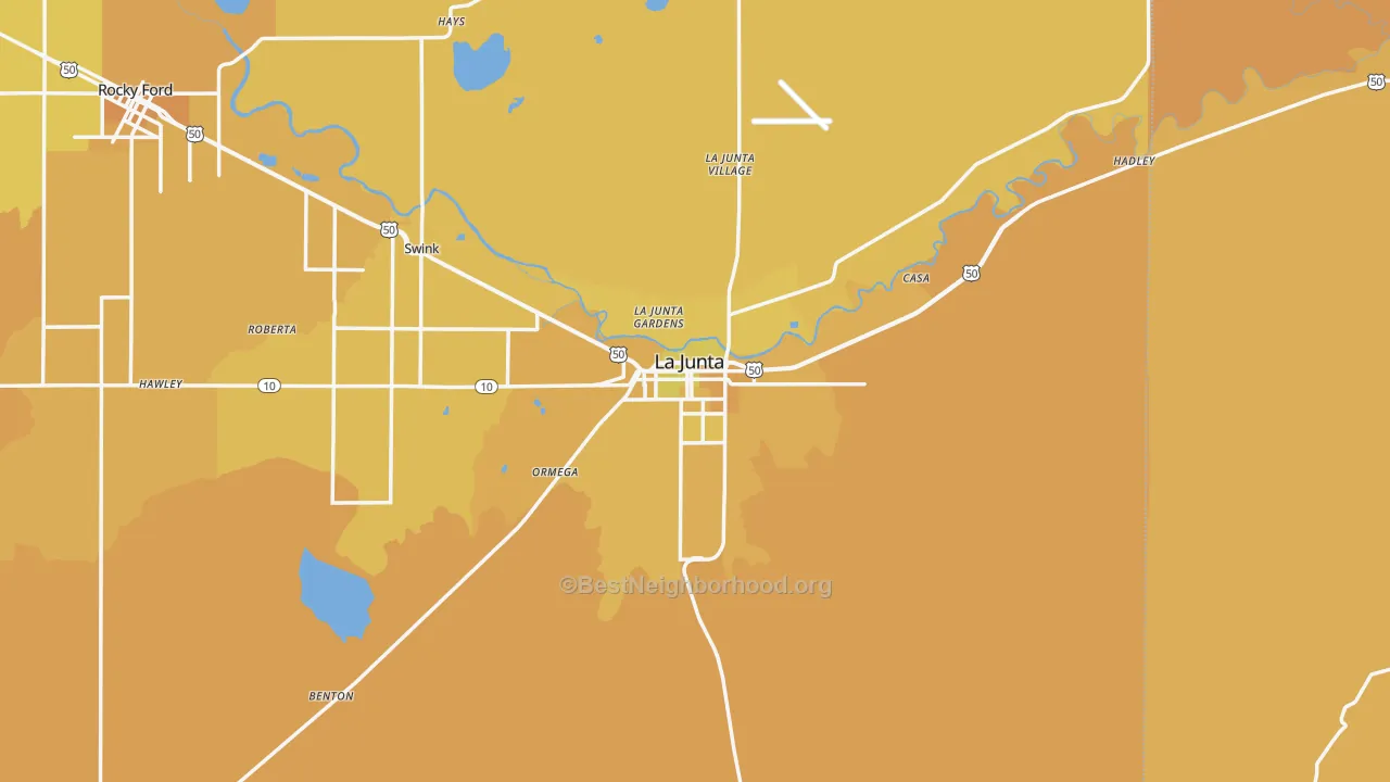 Map of the best neighborhoods in the La Junta area, with better matches in green and worse matches in red