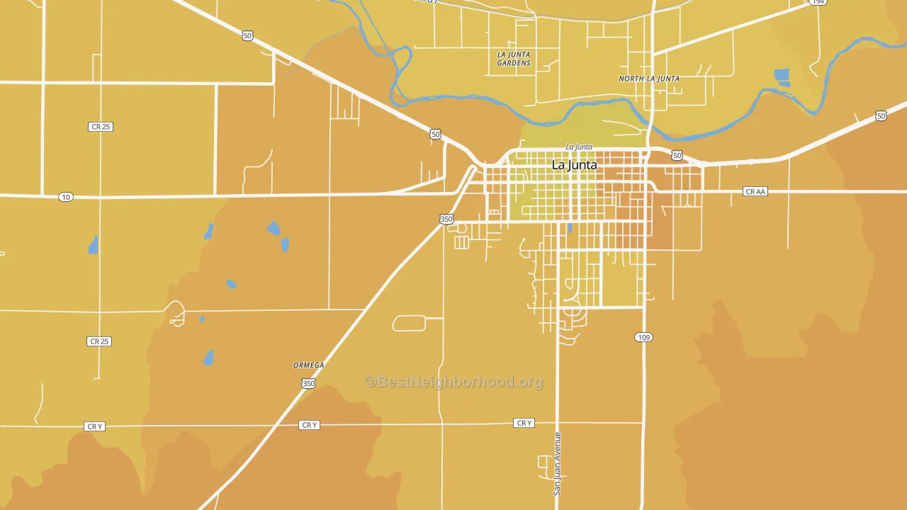 Map of the best neighborhoods in the La Junta Gardens area, with better matches in green and worse matches in red