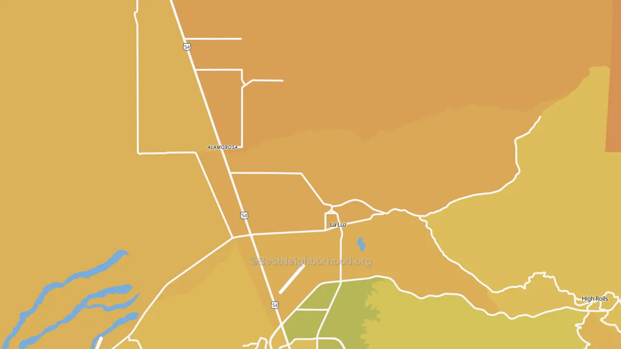Map of the best neighborhoods in the La Luz area, with better matches in green and worse matches in red