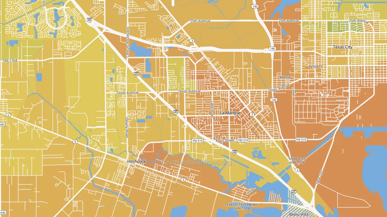 Map of the best neighborhoods in the La Marque area, with better matches in green and worse matches in red