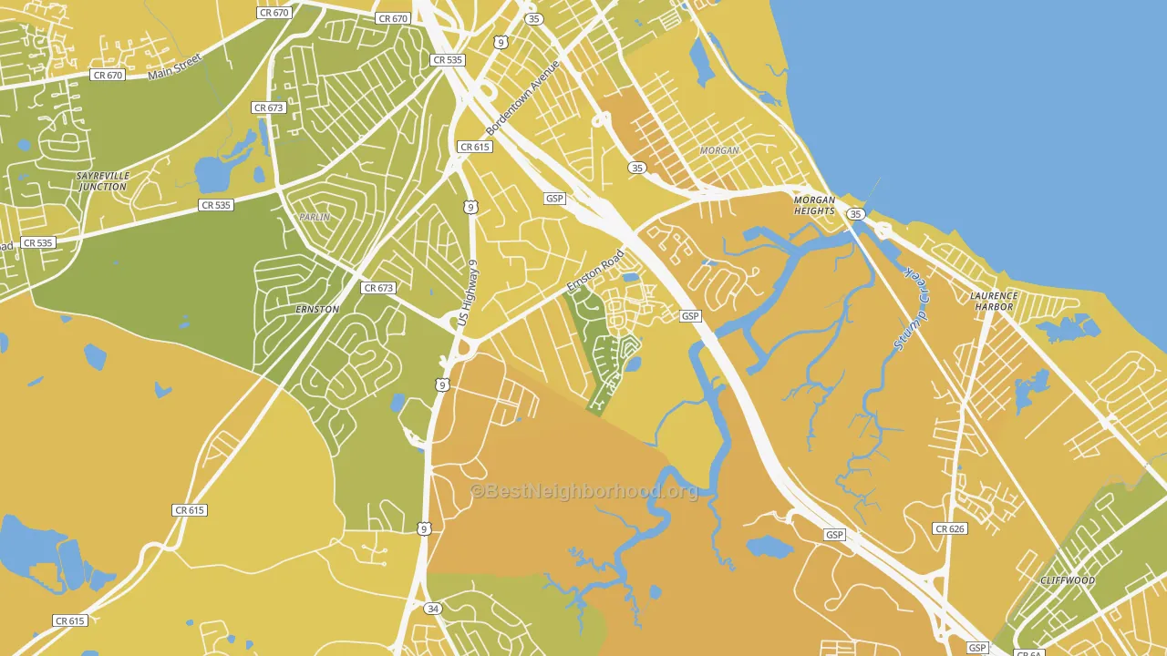 Map of the best neighborhoods in the La Mer, Parlin area, with better matches in green and worse matches in red