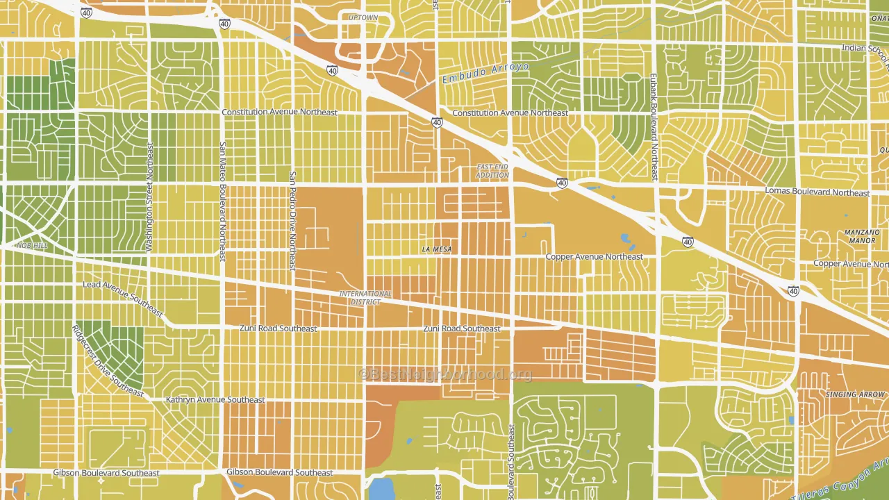 Map of the best neighborhoods in the La Mesa, Albuquerque area, with better matches in green and worse matches in red