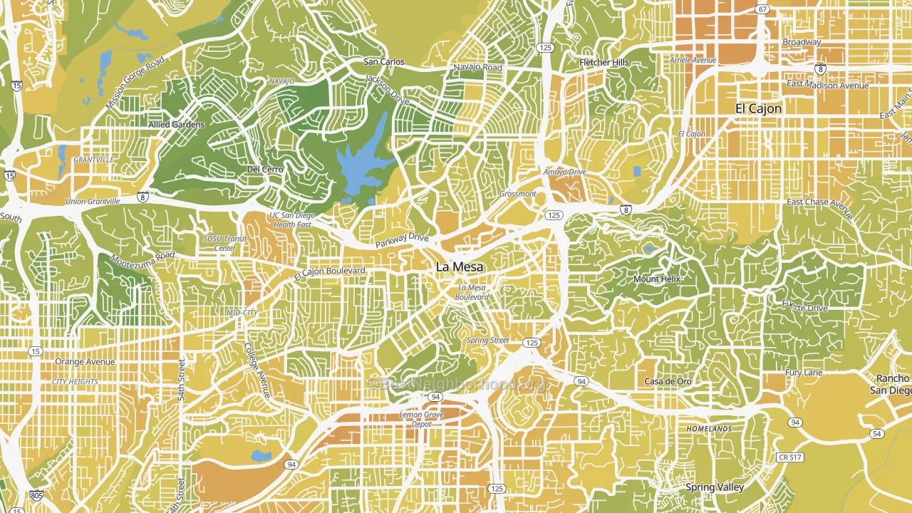 Map of the best neighborhoods in the La Mesa area, with better matches in green and worse matches in red