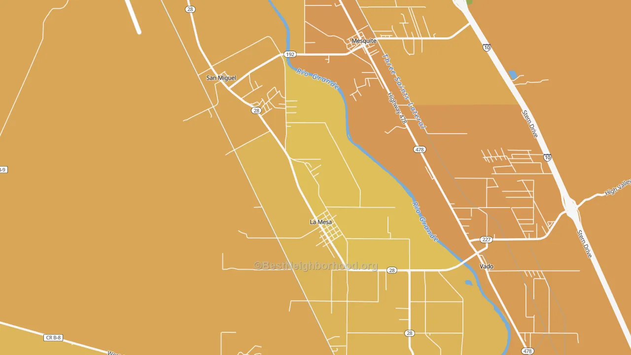 Map of the best neighborhoods in the La Mesa area, with better matches in green and worse matches in red
