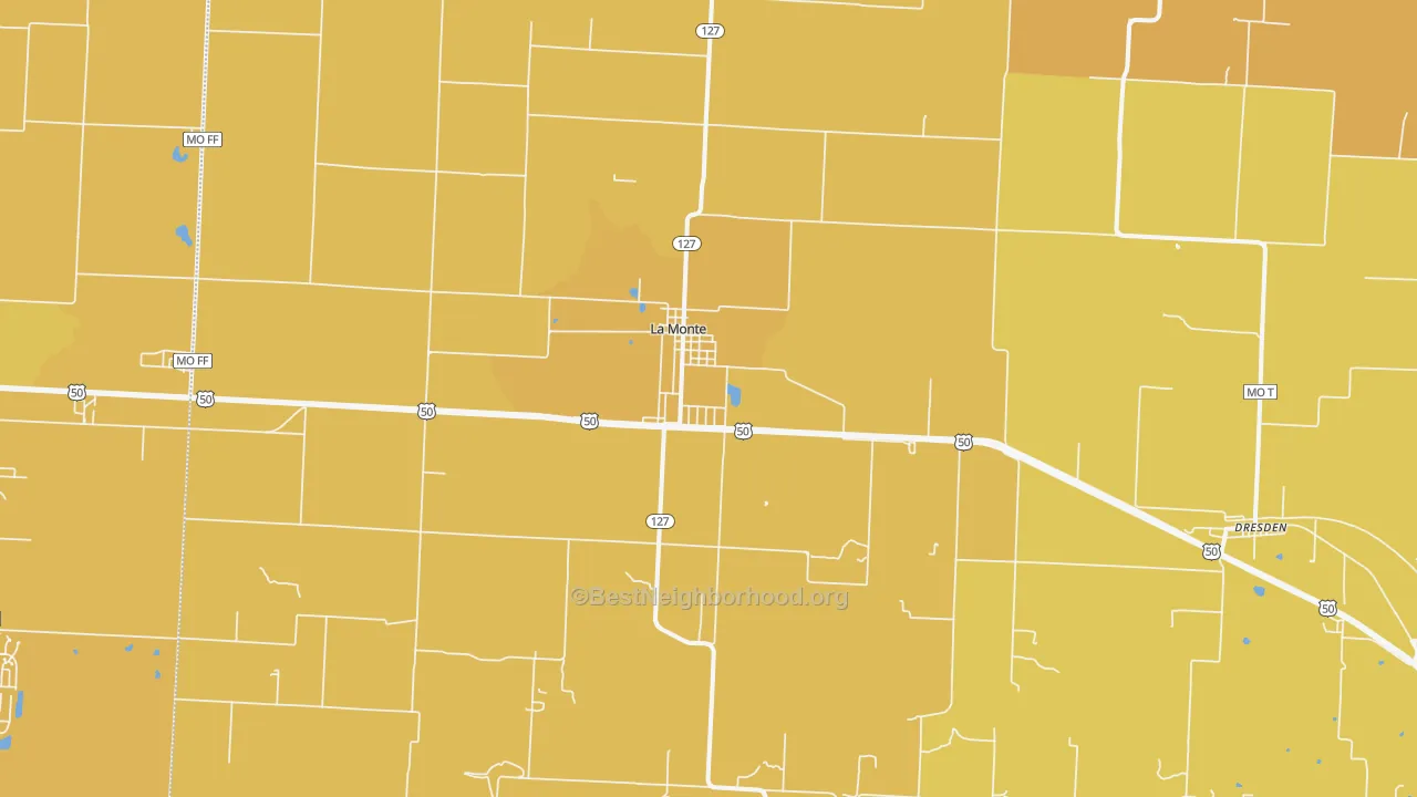 Map of the best neighborhoods in the La Monte area, with better matches in green and worse matches in red