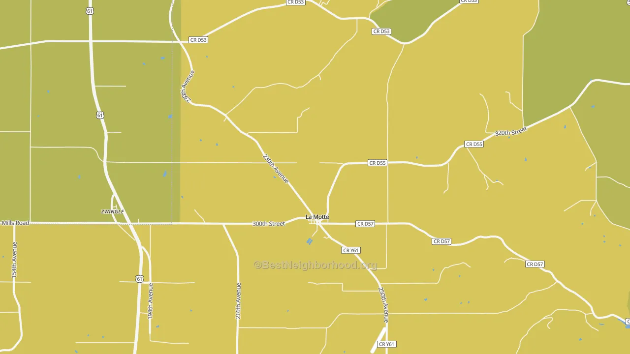 Map of the best neighborhoods in the La Motte area, with better matches in green and worse matches in red
