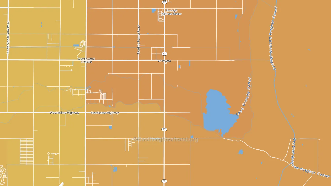 Map of the best neighborhoods in the La Palma area, with better matches in green and worse matches in red