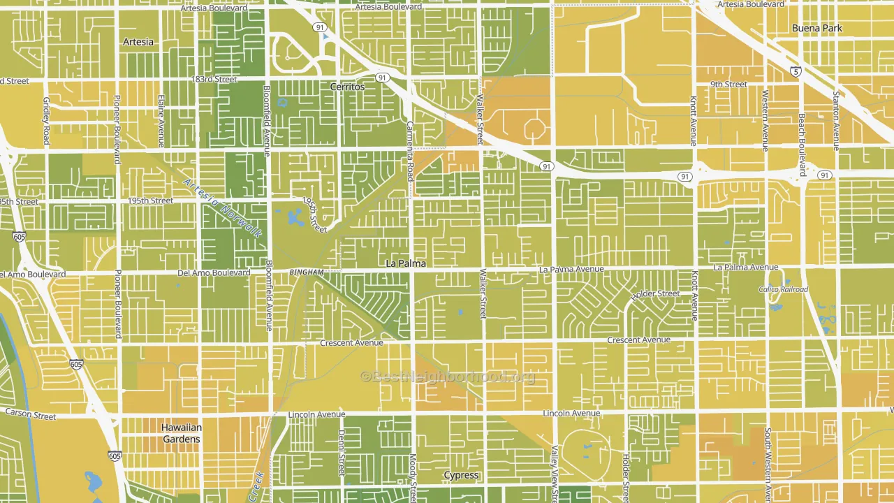 Map of the best neighborhoods in the La Palma area, with better matches in green and worse matches in red