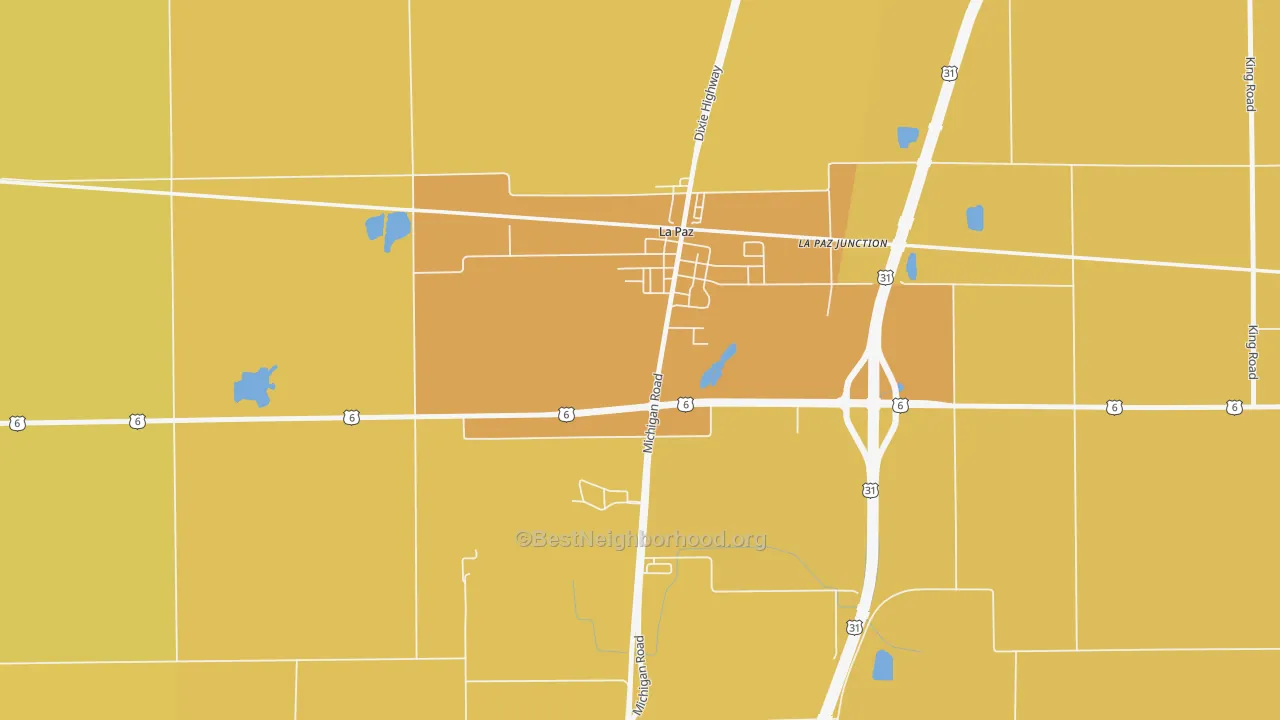 Map of the best neighborhoods in the La Paz area, with better matches in green and worse matches in red