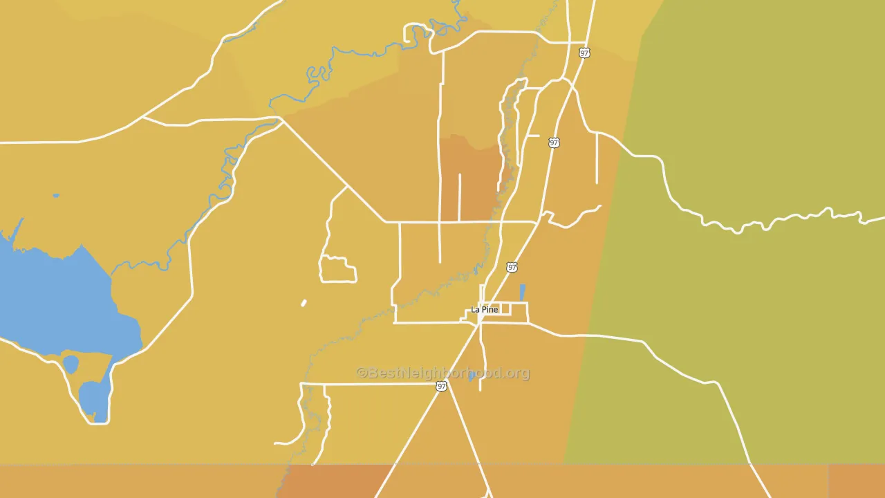 Map of the best neighborhoods in the La Pine area, with better matches in green and worse matches in red