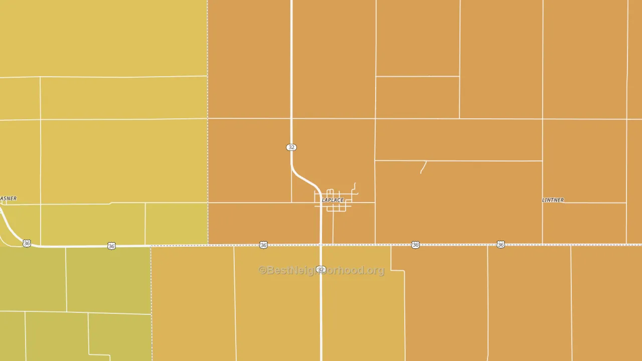 Map of the best neighborhoods in the La Place area, with better matches in green and worse matches in red