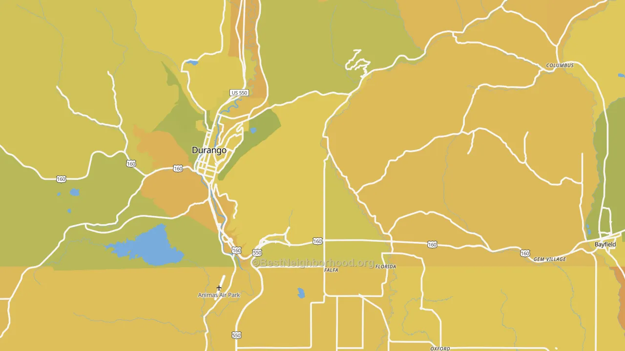 Map of the best neighborhoods in the La Plata County area, with better matches in green and worse matches in red