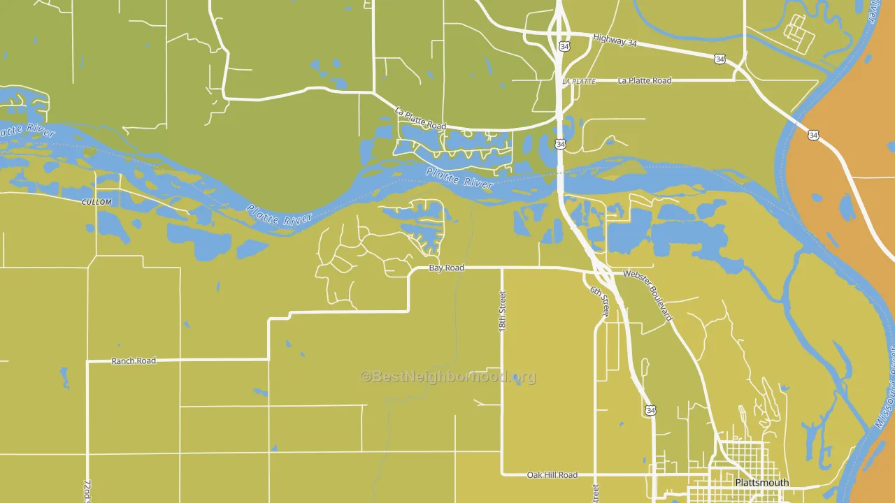 Map of the best neighborhoods in the La Platte area, with better matches in green and worse matches in red