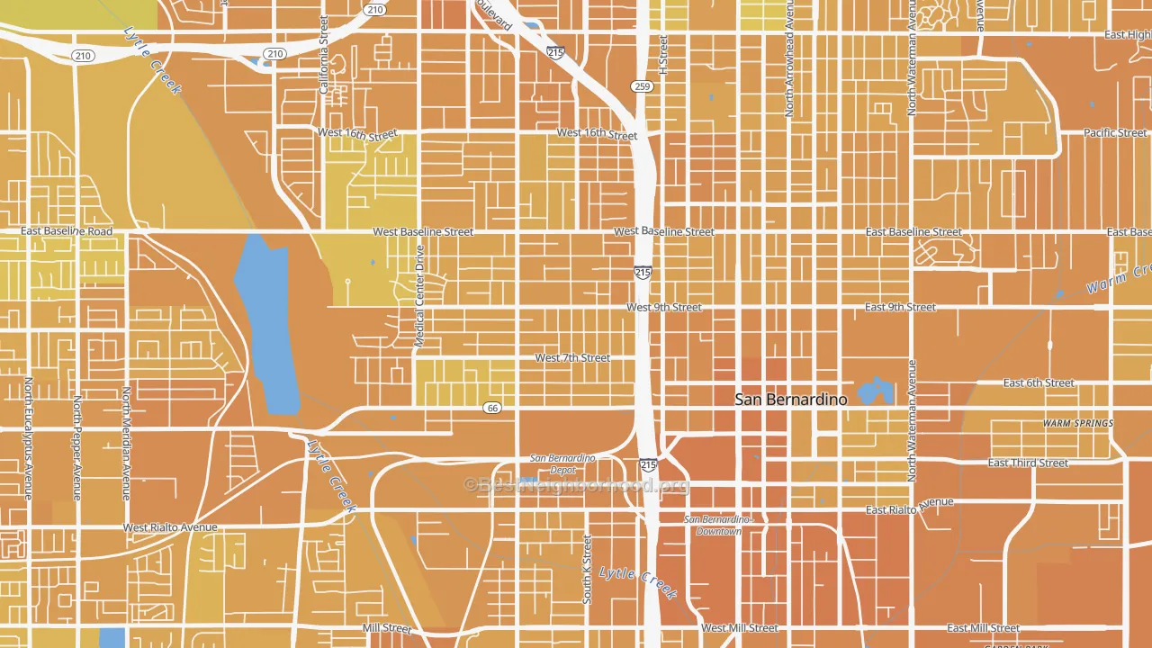 Map of the best neighborhoods in the La Plaza, San Bernardino area, with better matches in green and worse matches in red