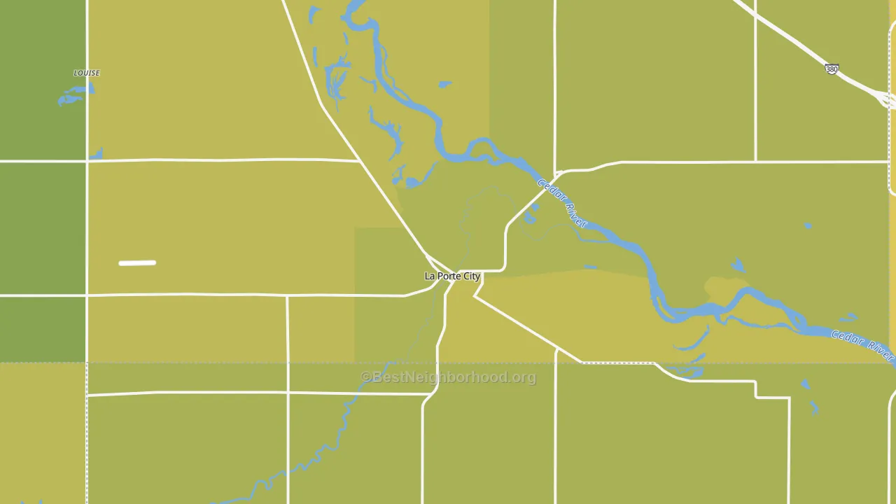 Map of the best neighborhoods in the La Porte City area, with better matches in green and worse matches in red