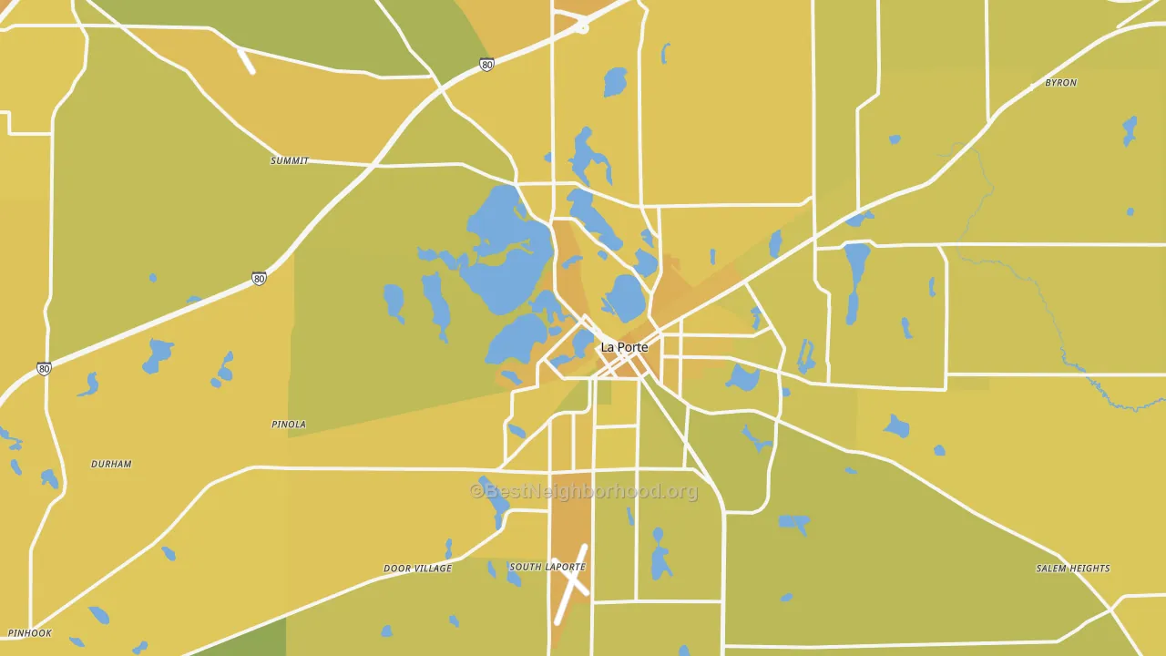 Map of the best neighborhoods in the La Porte area, with better matches in green and worse matches in red