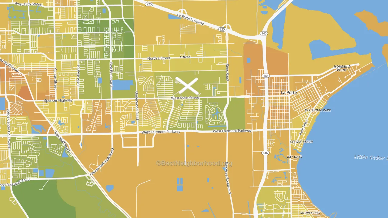 Map of the best neighborhoods in the La Porte area, with better matches in green and worse matches in red