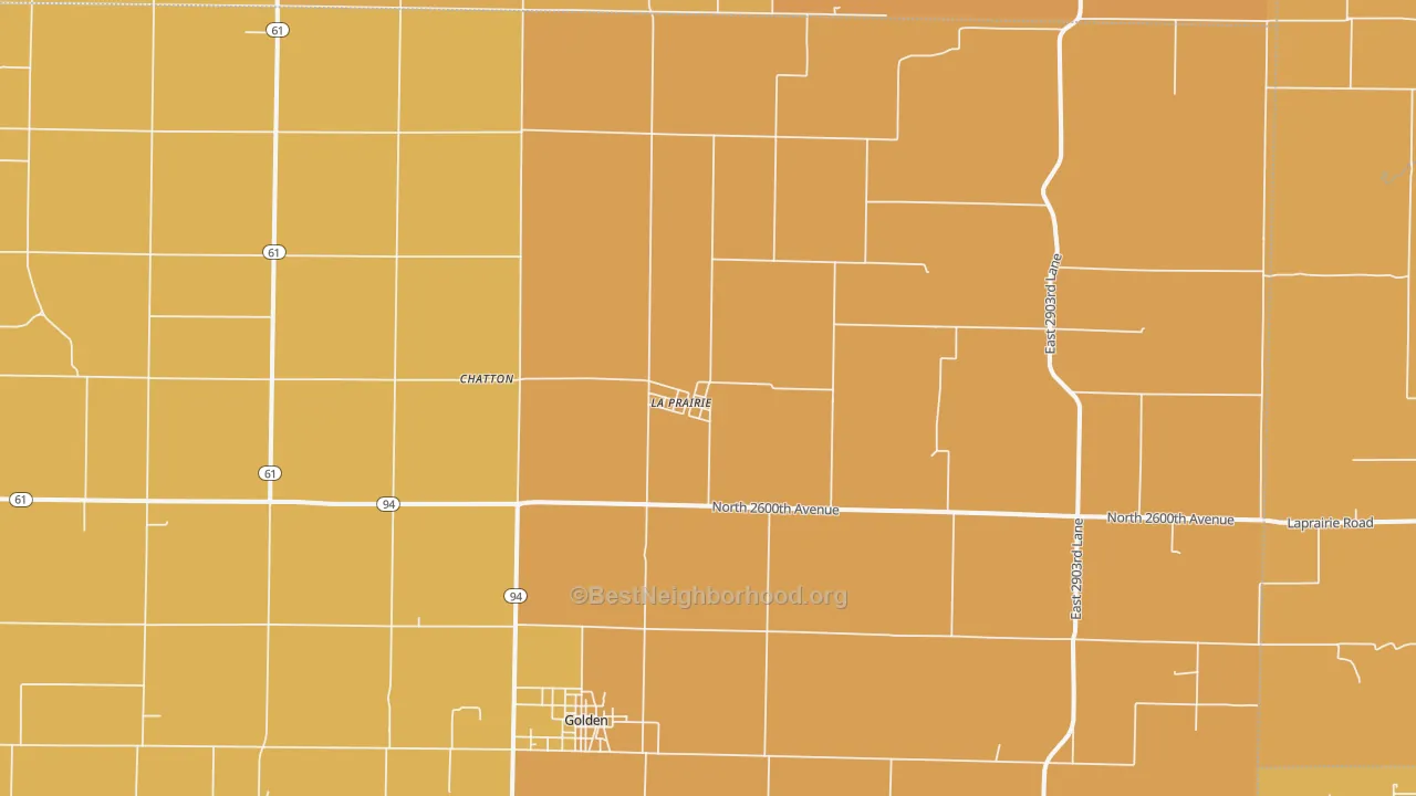 Map of the best neighborhoods in the La Prairie area, with better matches in green and worse matches in red