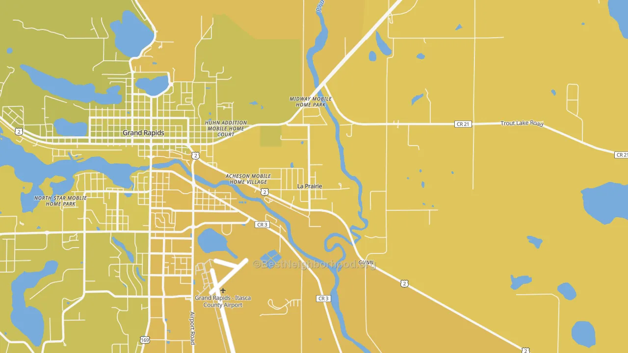 Map of the best neighborhoods in the La Prairie area, with better matches in green and worse matches in red