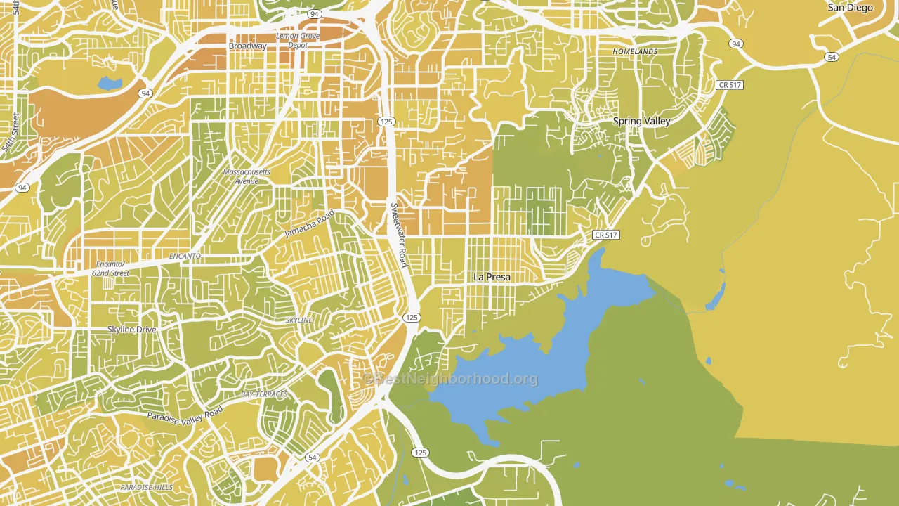 Map of the best neighborhoods in the La Presa area, with better matches in green and worse matches in red