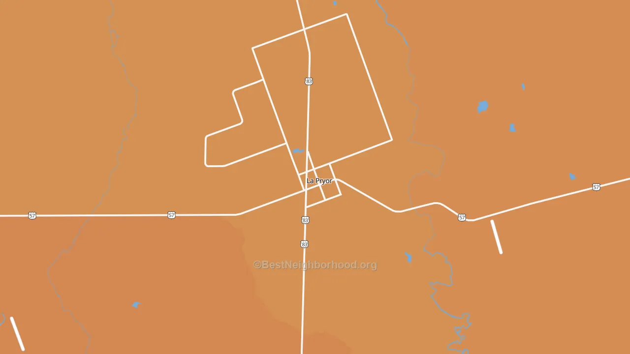 Map of the best neighborhoods in the La Pryor area, with better matches in green and worse matches in red
