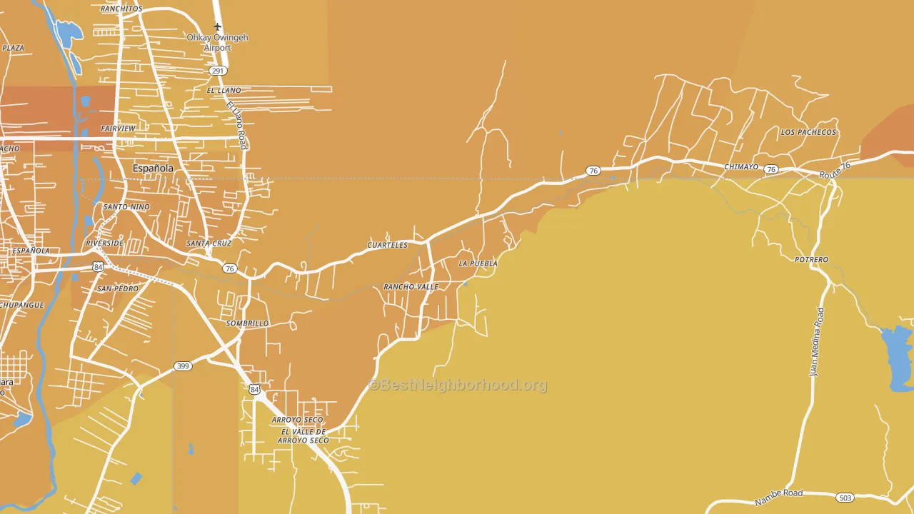 Map of the best neighborhoods in the La Puebla area, with better matches in green and worse matches in red